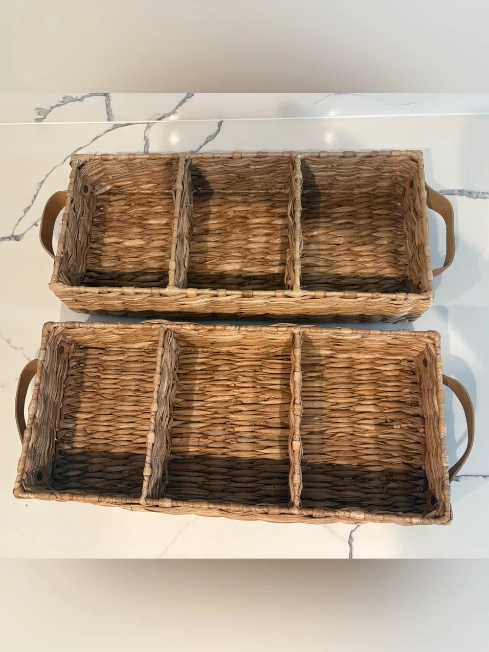 Set of two 3-Compartment Organizer Tray Set with Leather Handles - Natural